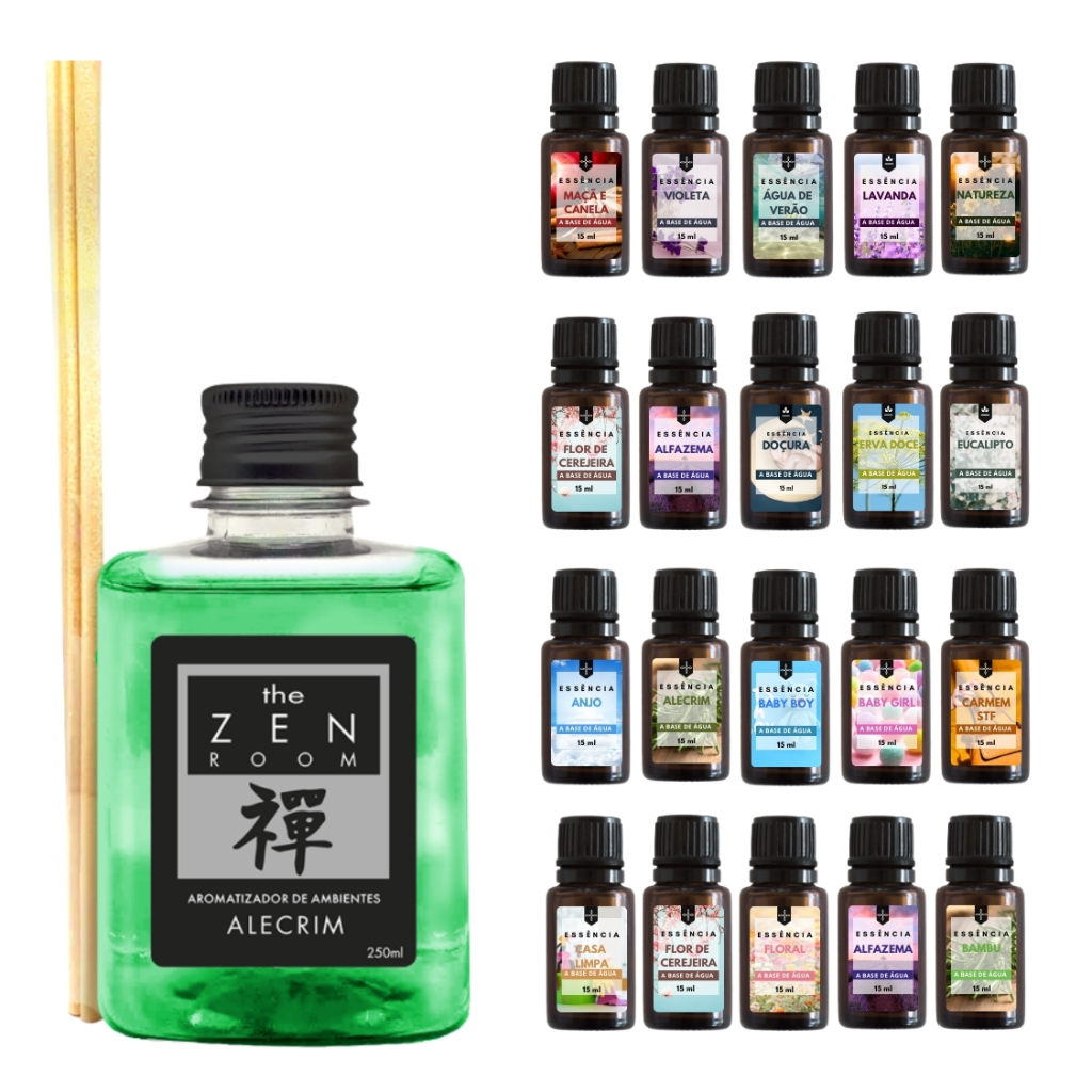 Kit 10 Essências Para Umidificador a Base de Água 15ml + Difusor de Aromas Yantra 250ml Linha Zen Room