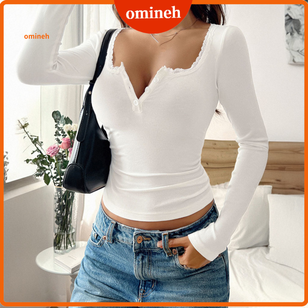 Long Sleeve Top Ladies Lace Detail Shirt Women’s V-neck Pullover Regular Fit Solid Color Blouse for Autumn Winter Wear