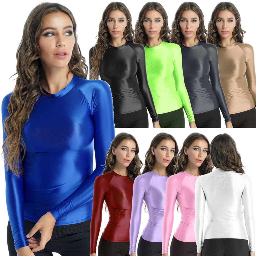 inhzoy Women Glossy O Neck Long Sleeve T-shirt Ladies Solid Color Slim Fit Breathable Tops Yoga Sportwear