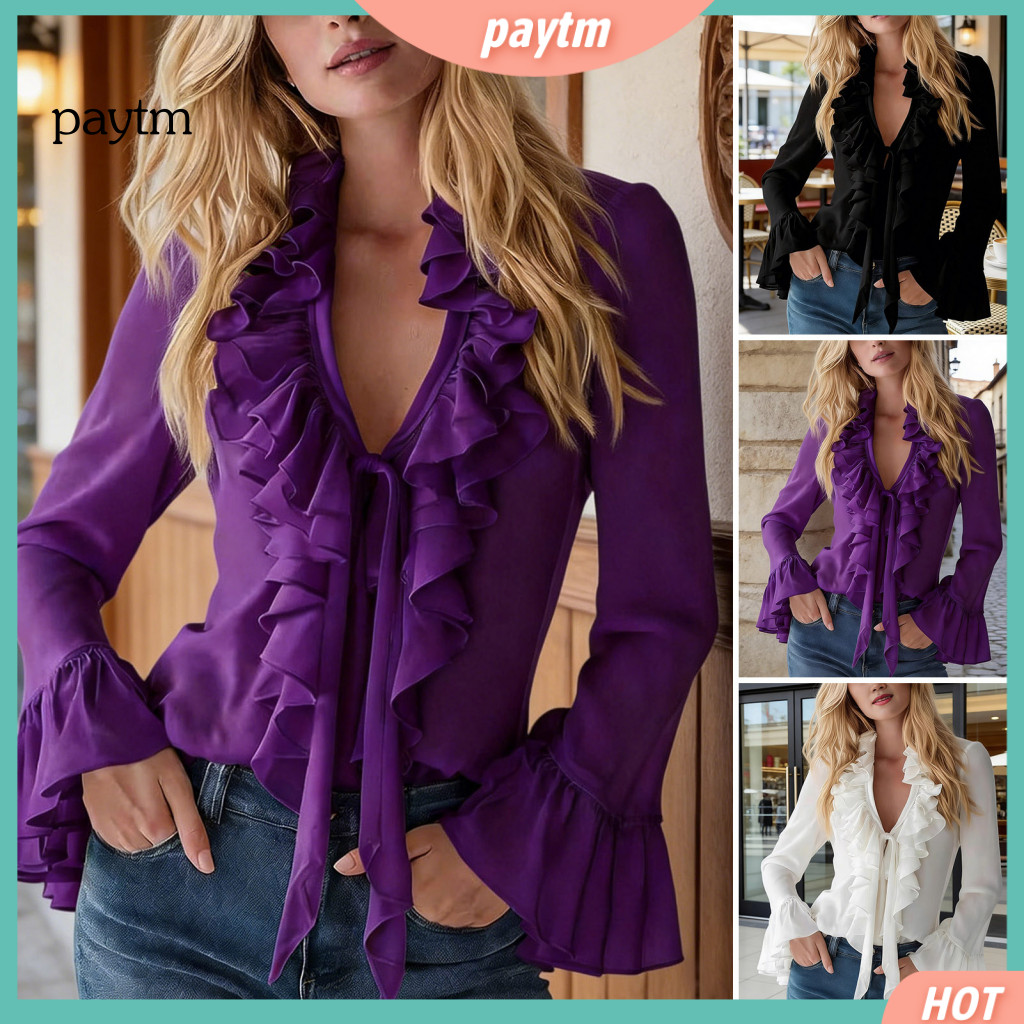 Ruffle Shirt Women Women’s V-neck Trim Chiffon Blouse Long Sleeve Flared Office Pure Color Workwear Top for Ladies Sty