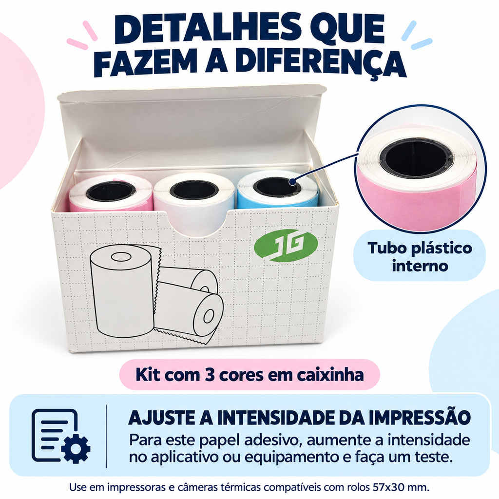 Kit 3 Papel Térmico Adesivo 57x30mm Mini Impressora Câmera
