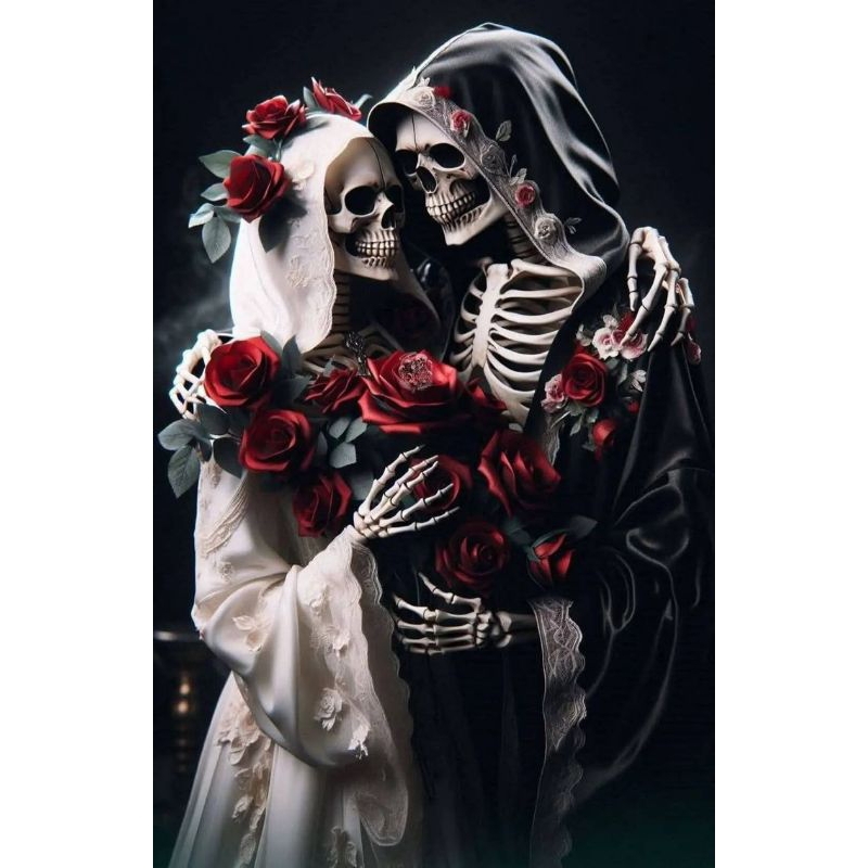 QUADRO DECORATIVO PLACA MDF-CASAL CAVEIRA PRETO E BRANCO