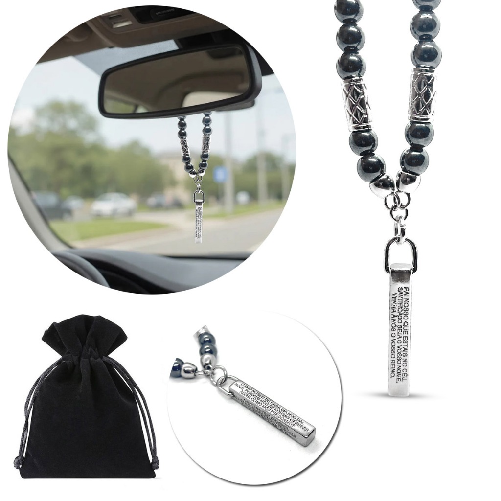 Adorno Penduricalho Retrovisor Carro Moto Caminhão Oração Pai Nosso Aço Inox Pedra Hematita Natural Proteção Fé Viagem