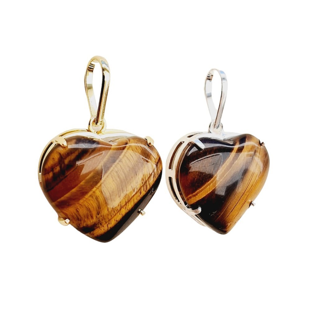 Pingente De Coração Pedra Olho De Tigre Natural Tamanho 2,2 Cm Folheado JÓIA
