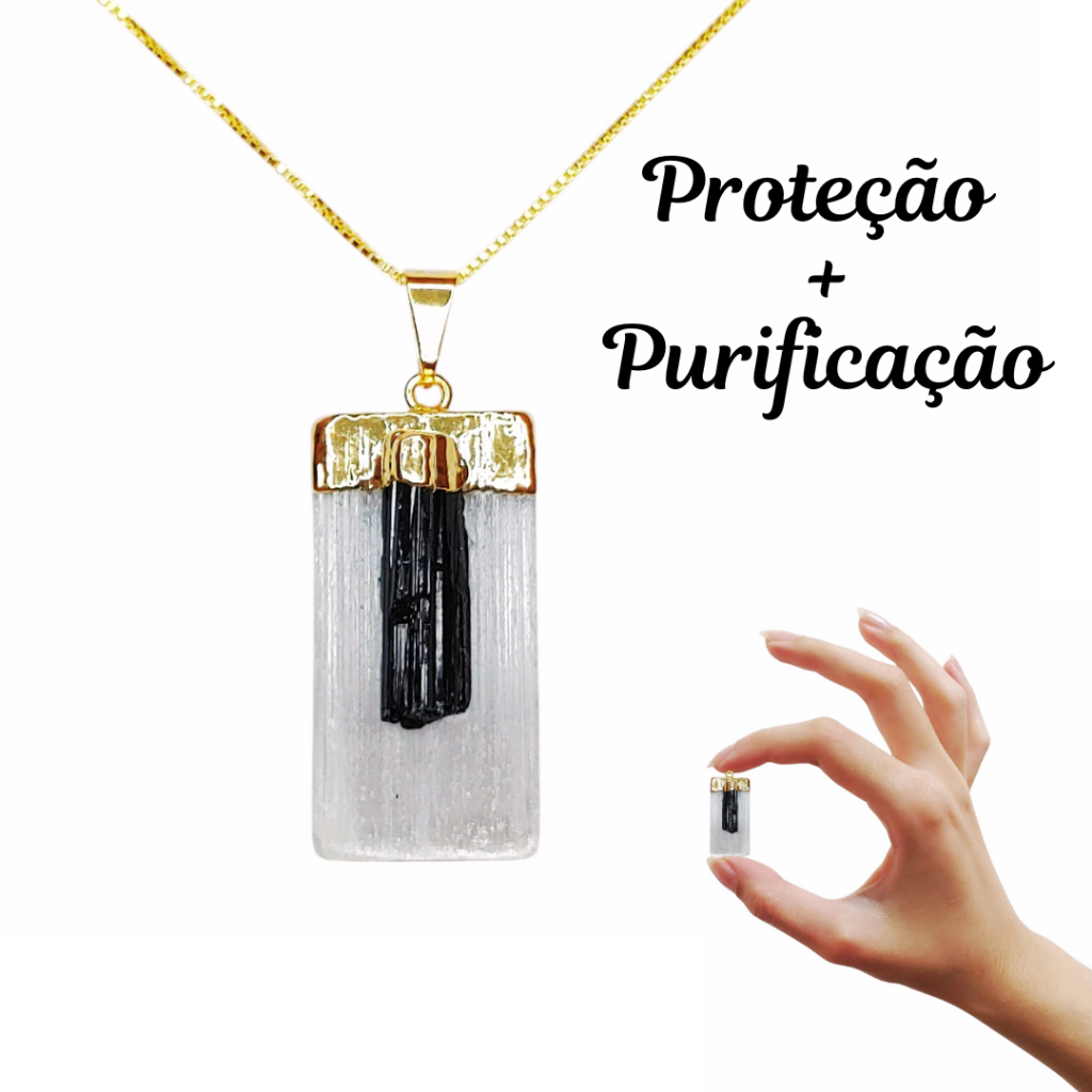 Pingente Selenita e Turmalina Negra Banhado a Ouro 3cm Colar de Pedra Colar de Pedras Naturais