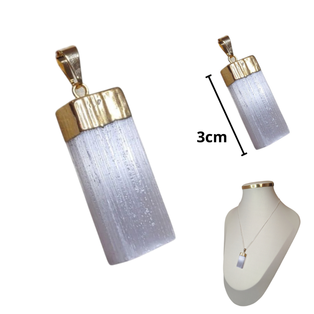 Pingente para Colar Pedra Cristal Natural Selenita Dourado Prateado Simples Bruto