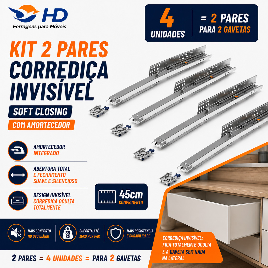 Kit 2 Pares Corrediça Invisível Soft Close Com Amortecedor 450mm 45cm - 4 unidades - Reforçado - Hd Ferragens/ Renna
