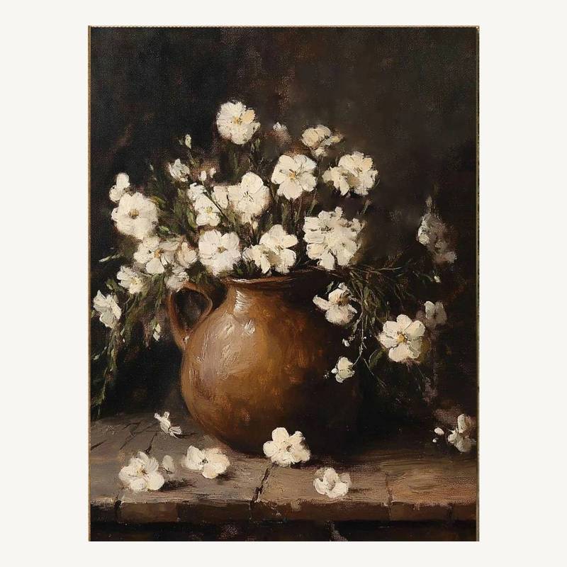 White Flower Clay Vase Rustic Vintage Poster No Frame Canvas Wall Art Painting Bedroom Living Room Decor