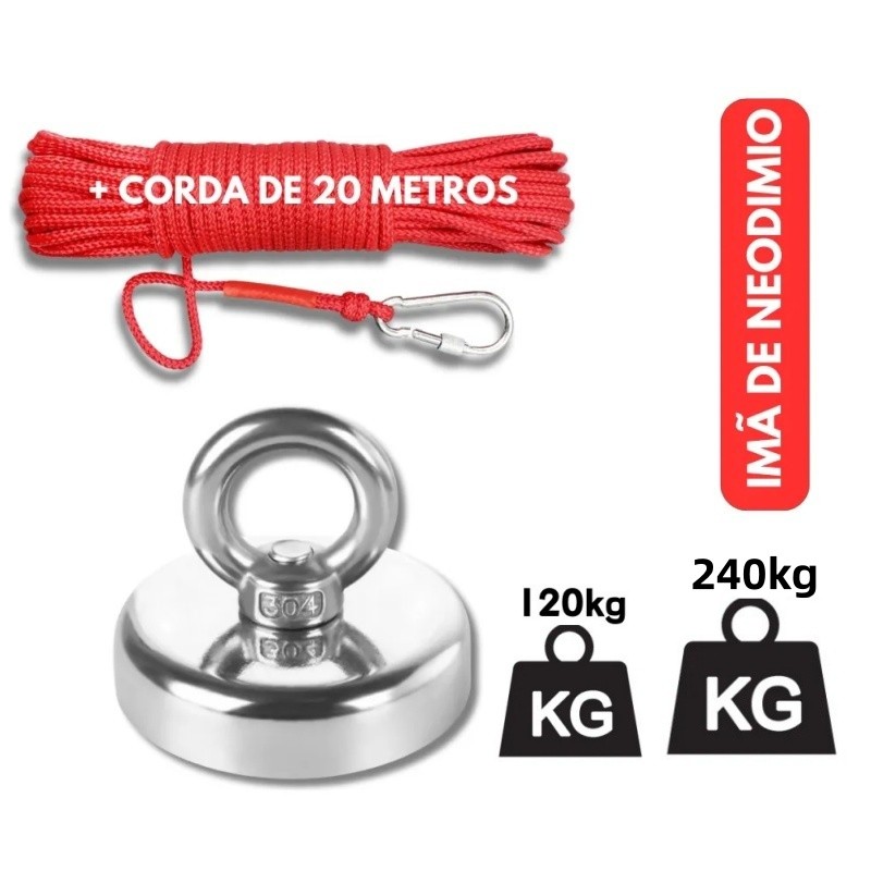 Imã De Neodímio P/ Pesca Magnética 120kg/240Kg Tração + Corda