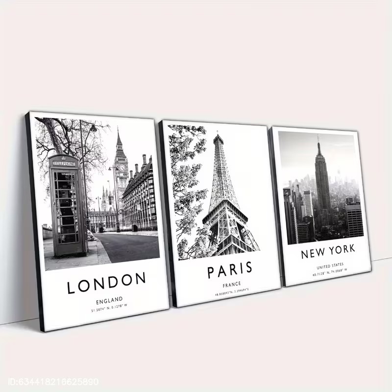 Kit 3 Quadros Decorativos Cidades London Paris New York Preto e Branco Viagem Escritório Sala