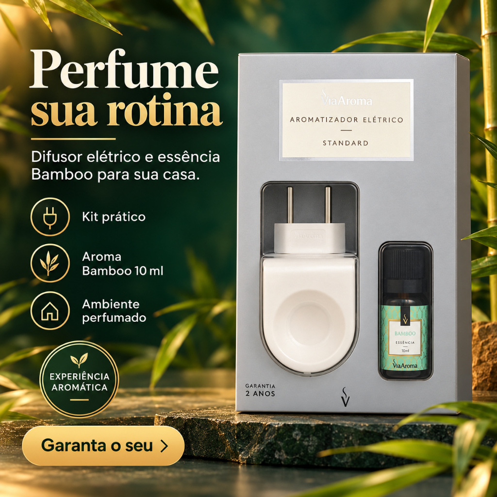 Difusor Aromatizador Eletrico Standard com Essência Bamboo 10ml Via Aroma