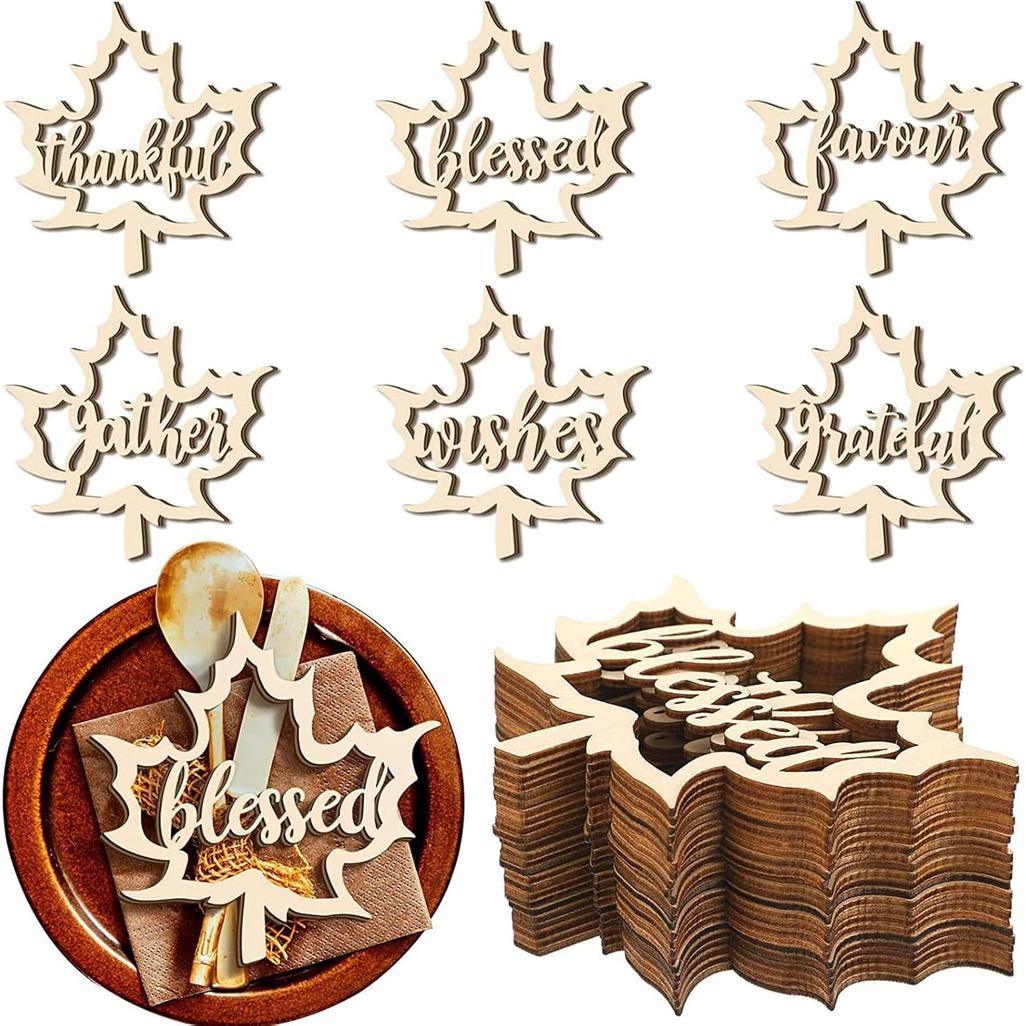 24 Pcs Thanksgiving Wooden Cutout Plate Decor with Ropes Tree Crafts Dining Table Grateful Harvest Autumn Fall Decoratio