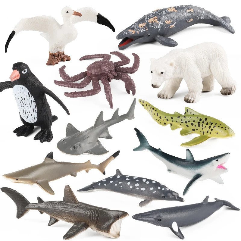 Conjunto de Animais Marinhos: Inclui tubarões reprodutoros, golfinhos, raus, baleias e caranguejos - modelos em miniatur