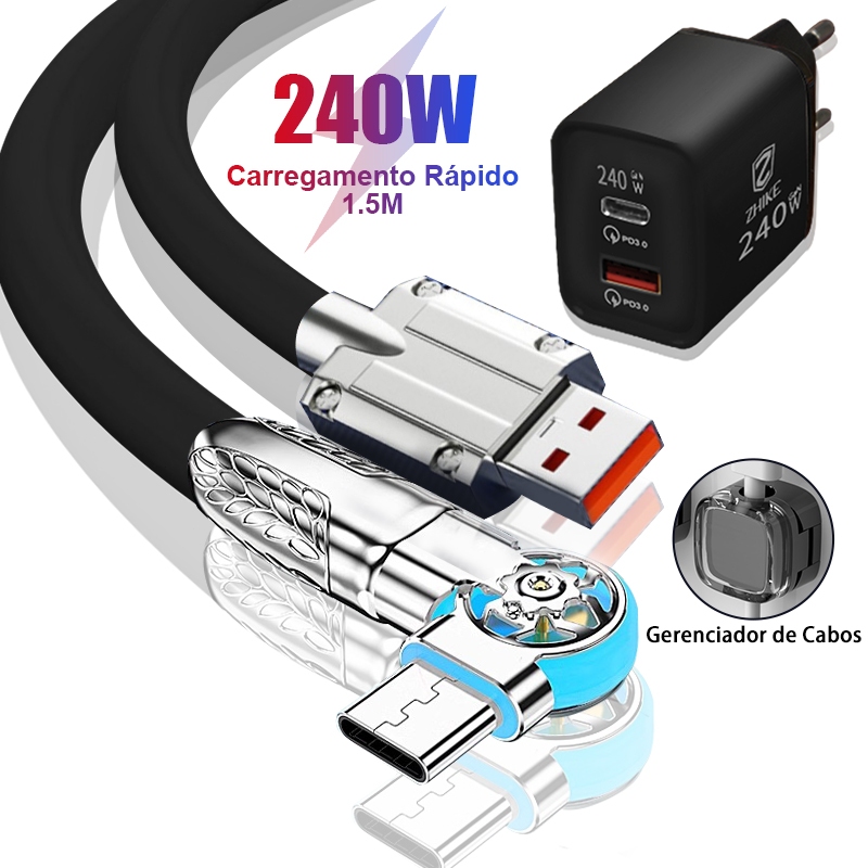 Kit Cabo Carregador Carregamento Rápido Tipo C V8 LED Rotativo 180° Com GaN Adaptador e Organizador Para Samsung Xiaomi