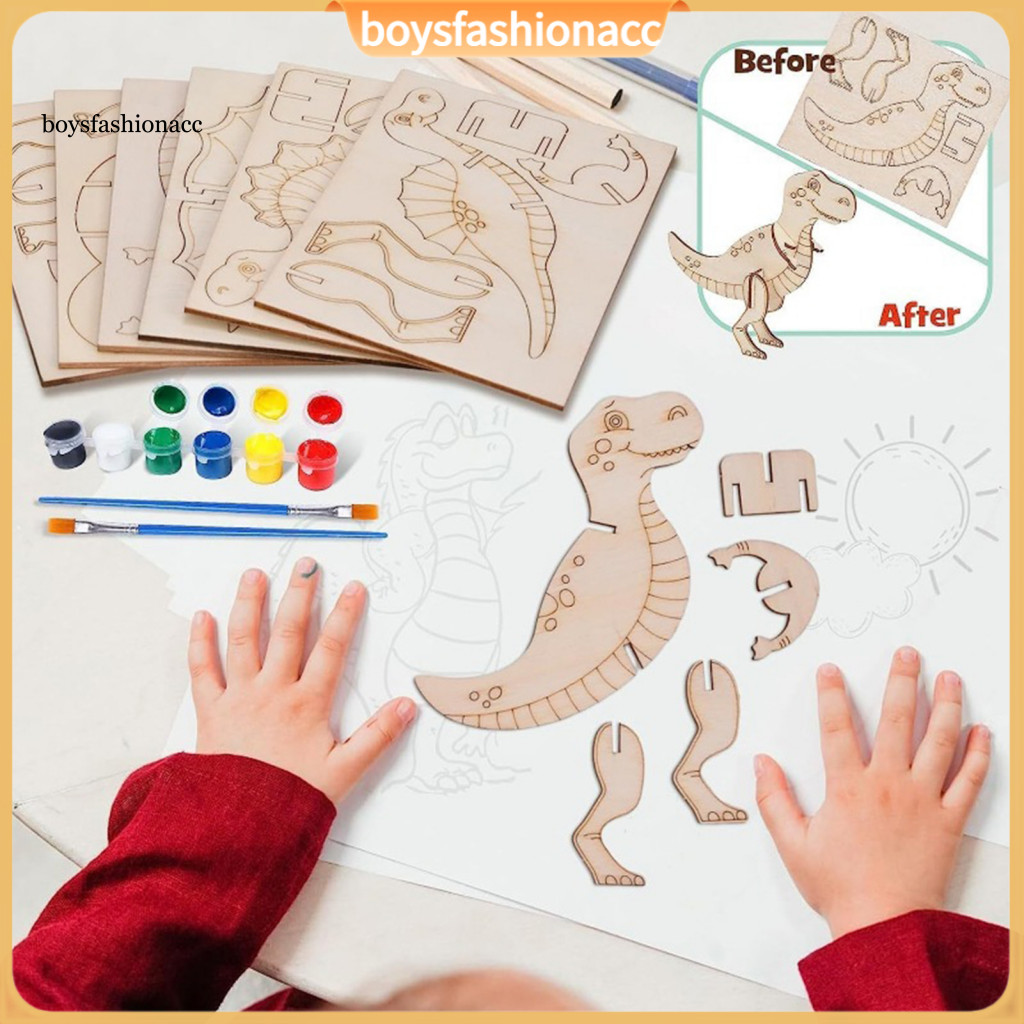 Wooden Dinosaur Puzzle Toy Kit with 5 Coloring Pens 30 Pigments – Educational 6-piece Dino Jigsaw Assembly Game for Ki