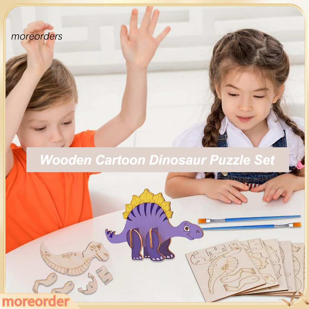 Wooden Dinosaur Puzzle Toy Kit with 5 Coloring Pens 30 Pigments – Educational 3d Dino Jigsaw Assembly Game for Kids Bo