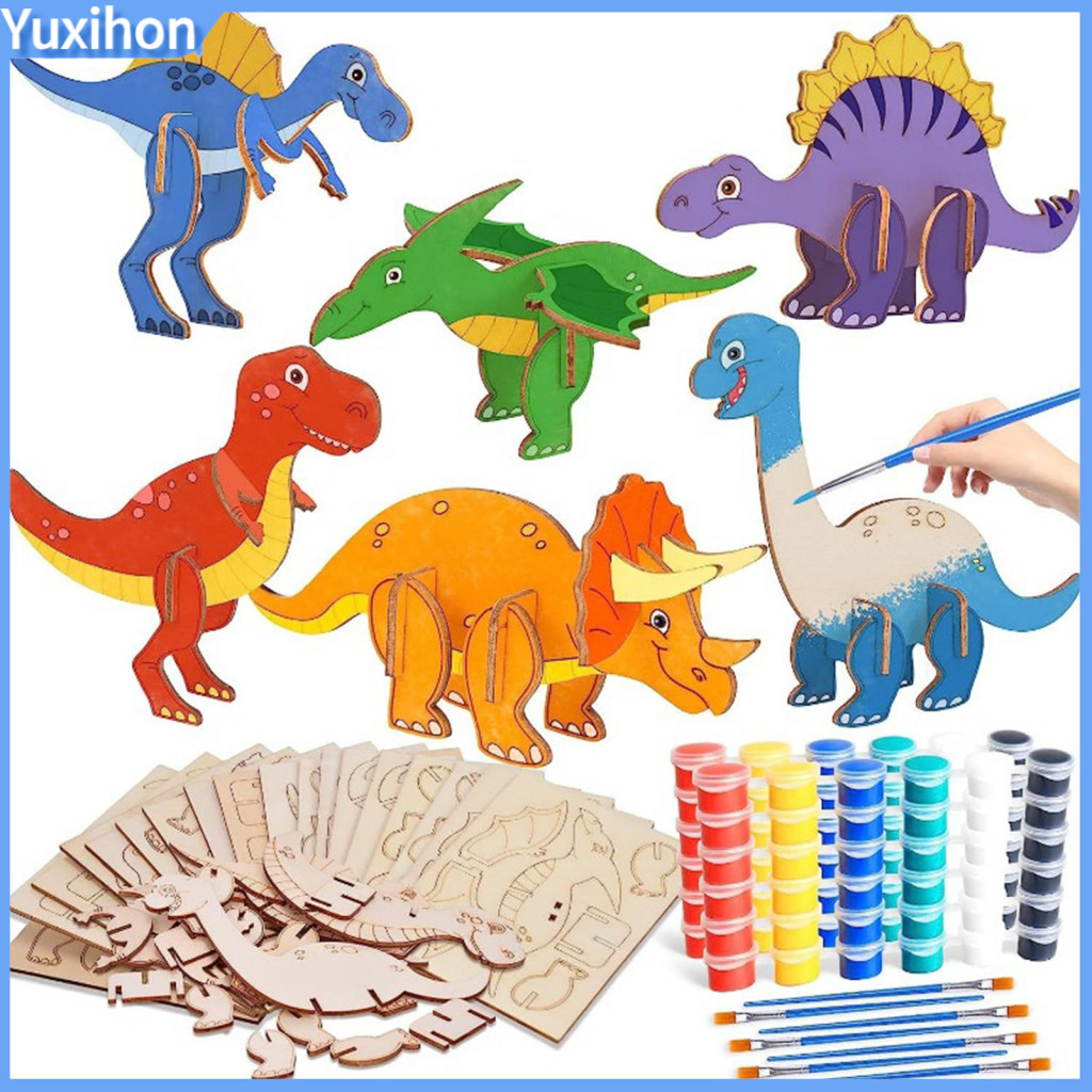 Children Dinosaur Painting Kit Wooden Puzzle Toy with 5 Coloring Pens 30 Pigments – Educational 3d Dino Jigsaw Assembl