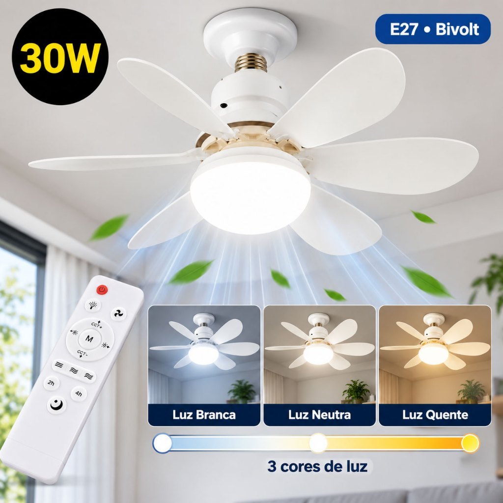 30W LED Light Ceiling Fan With 6 Propellers 3 Types Of Light Bivolt With Remote Control