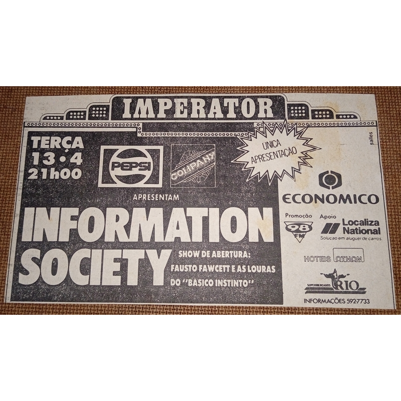 Information Society - Anúncio original de show em jornal em 1993 - Imperator RJ