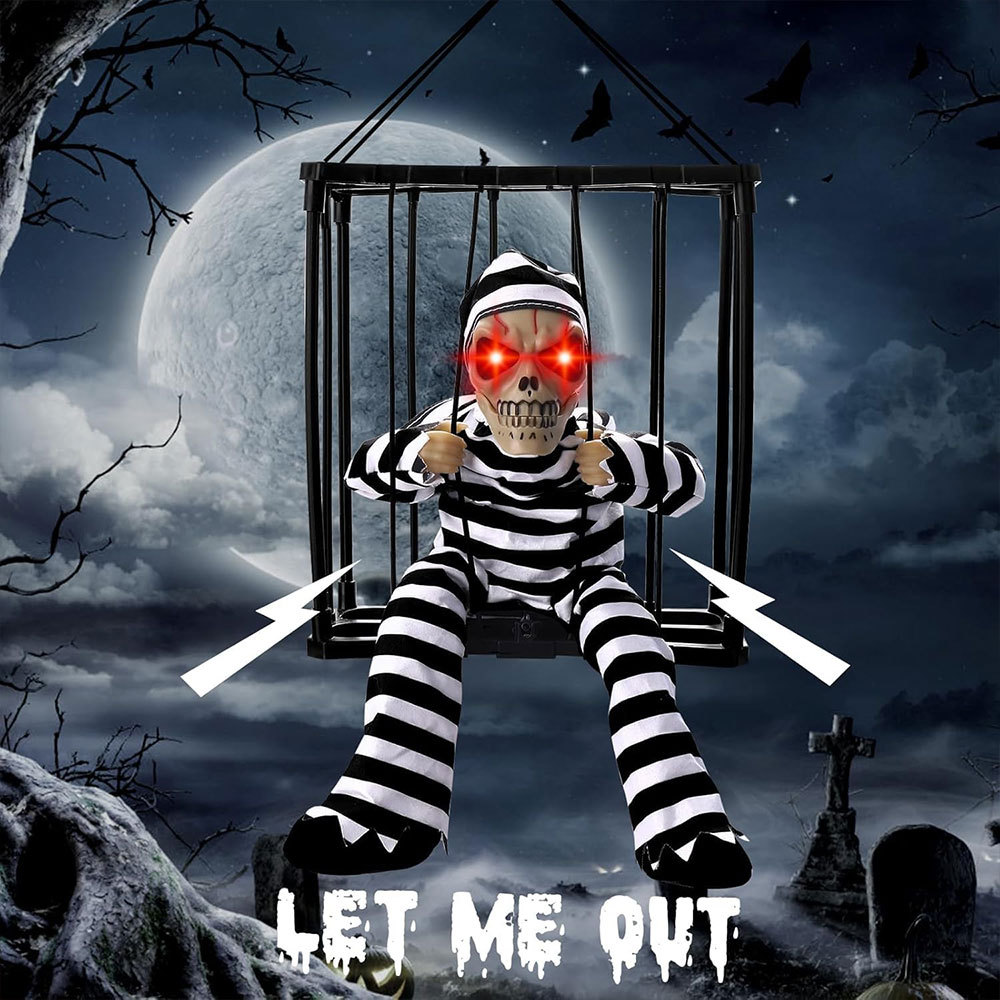 Halloween Sound & Light Cage Ghost Skeleton Prisoner Prop - Spooky Party Decor, Scary Ornament