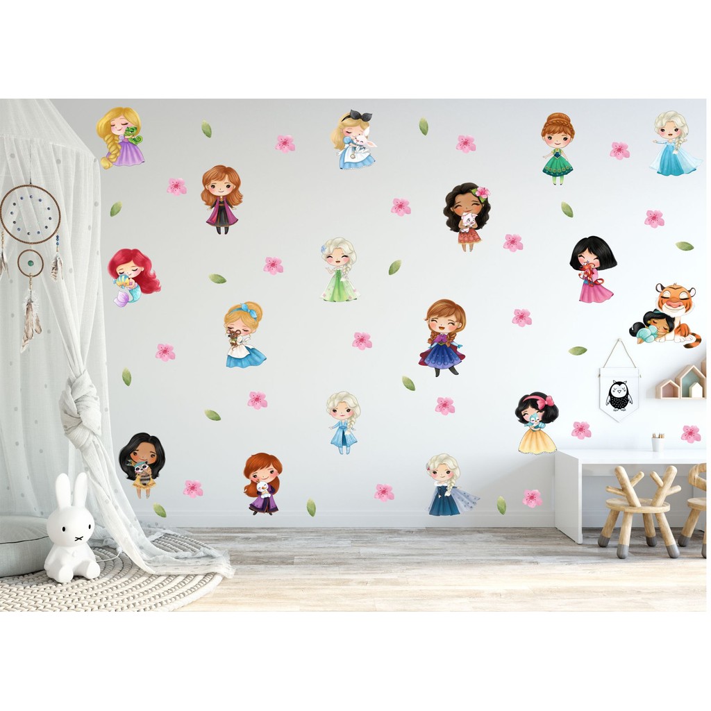 Adesivo de Parede Princesas Cute e Pets Aquarela Papel de Parede Infantil Decalques Individuais