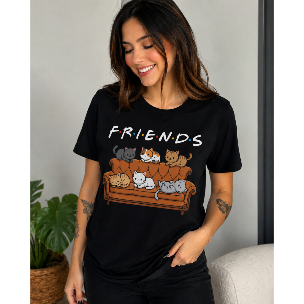 Camiseta Friends Gatinho Preta Feminina Cute Geek Pet Lovers Estampa Premium