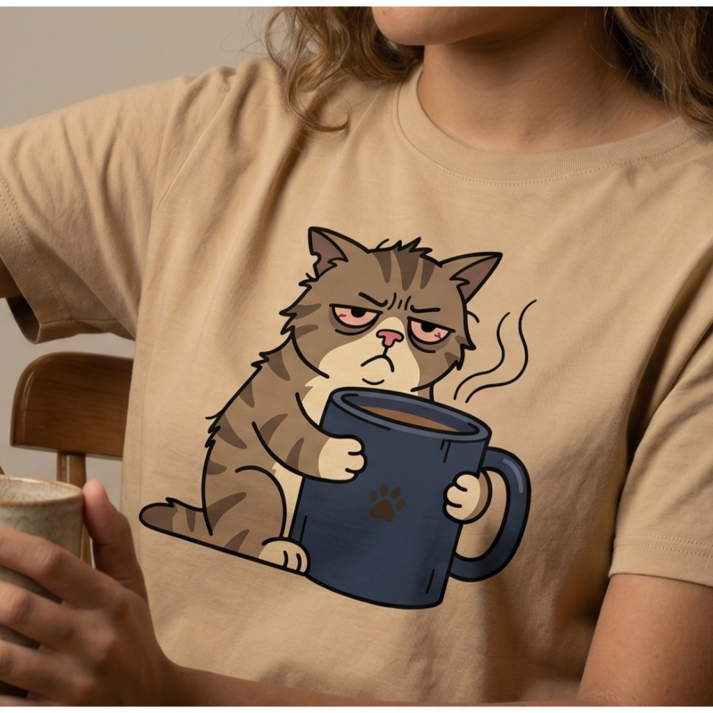 Camiseta Gato Unissex Algodão Estampada Café Rabugento Cute Pet Streetwear Camisa P ao GG