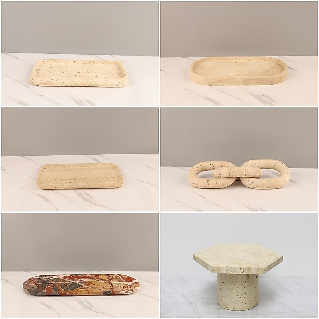 KSFH European-style light luxury wabi-sabi natural travertine marble tray decorative ornament for living room, bedroom,