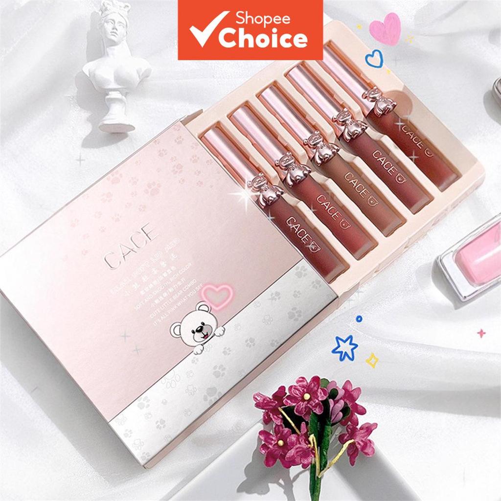 CACE Conjunto de Gloss e Lama Labial Ursinho Fofo 5 Peças, 5Pcs pigmentados de longa duração para maquiagem labial