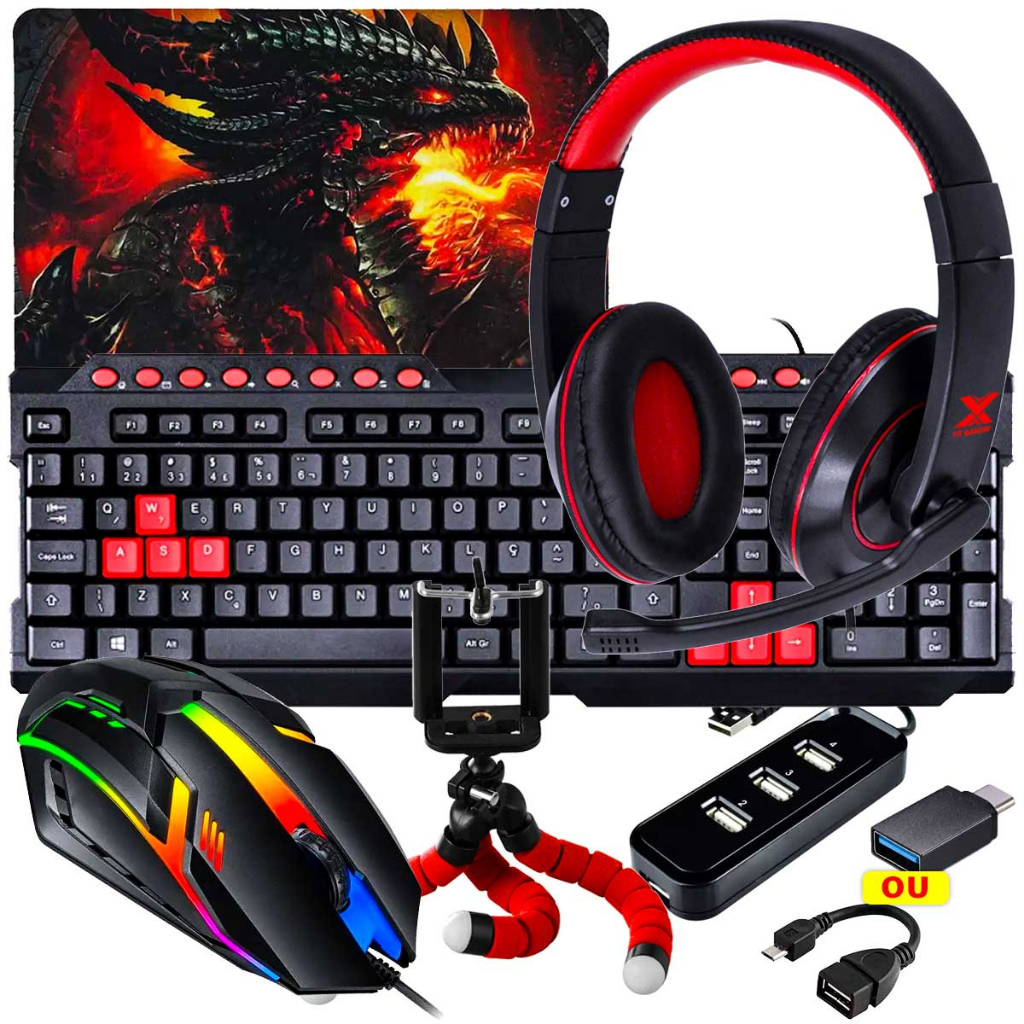 Kit Mobilador Gamer Pro para Jogar Ff, Pub com Headset Teclado Mouse Hub Completo