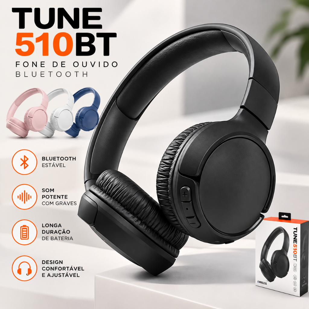 Fone De Ouvido Bluetooth Unissex Tune 510 Pure Bass Headphone Esportivo Ajustável P2 Cartão De Memória