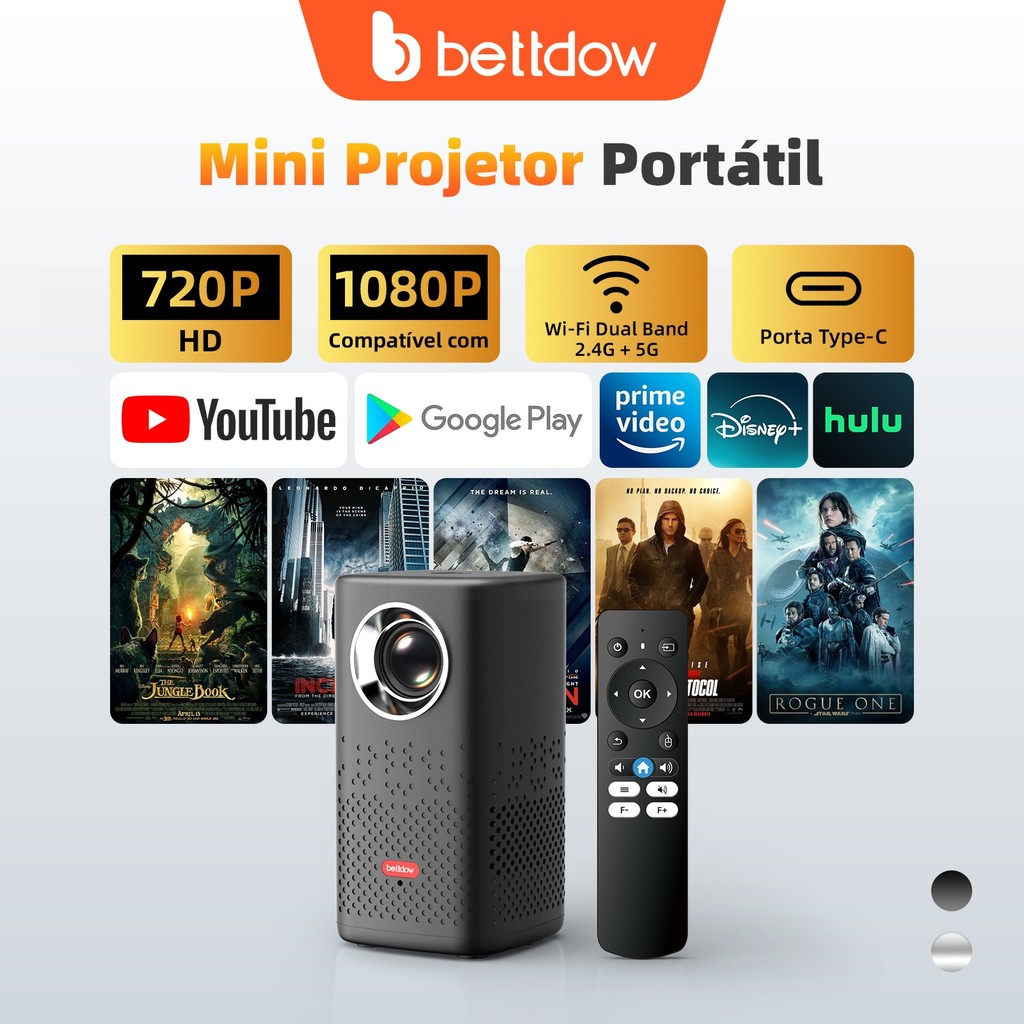 BETTDOW 2.1-inch Proyektor 160ANSI Brightness Type-C Interface Dual Band Wi-Fi Supports Wireless Screen Projection