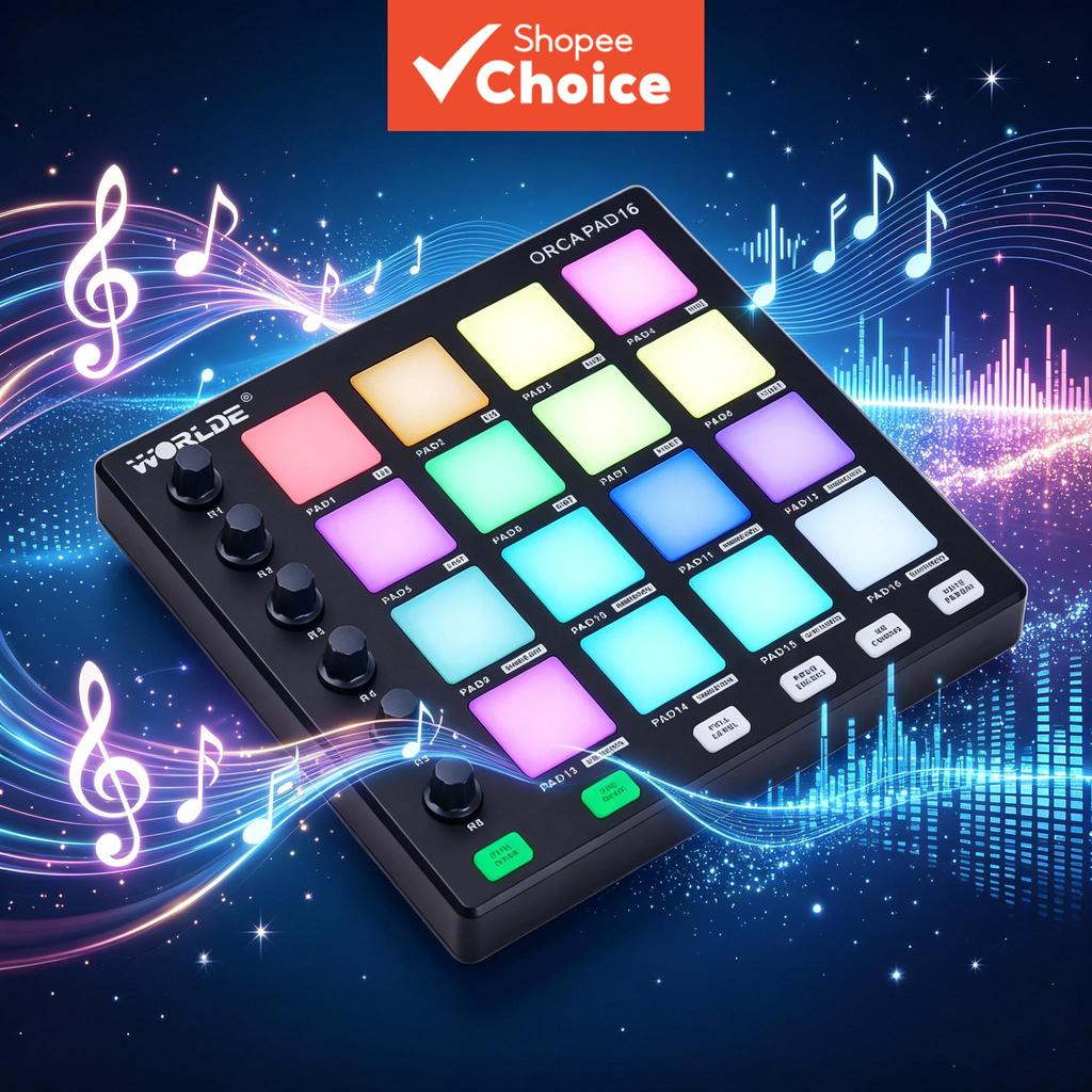 WORLDE ORCA PAD16 MIDI Pad de Bateria Portátil Criador de Batidas 16 Pads RGB 6 Knobs Alimentado por USB Para DJ