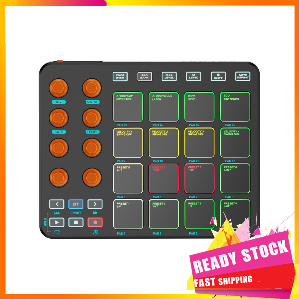 Gfgfgfgg Controlador MIDI Pad 16 Pads RGB com sensibilidade ajustável 6 botões personalizáveis ​​8 botões Bateria
