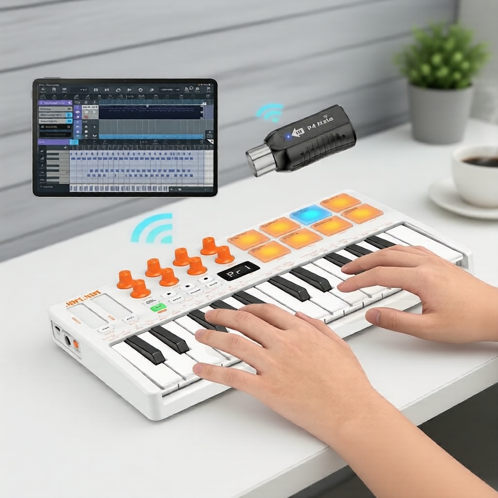Teclado MIDI sem fio JAMJUM JK 25 25 teclas com 8 pads de bateria RGB – ideal para produção musical, apresentações e uso