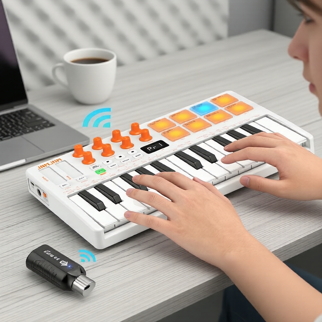 Controlador MIDI Sem Fio JAMJUM JK 25 25 teclas com 8 pads de bateria RGB – ferramenta pronta para estúdio e