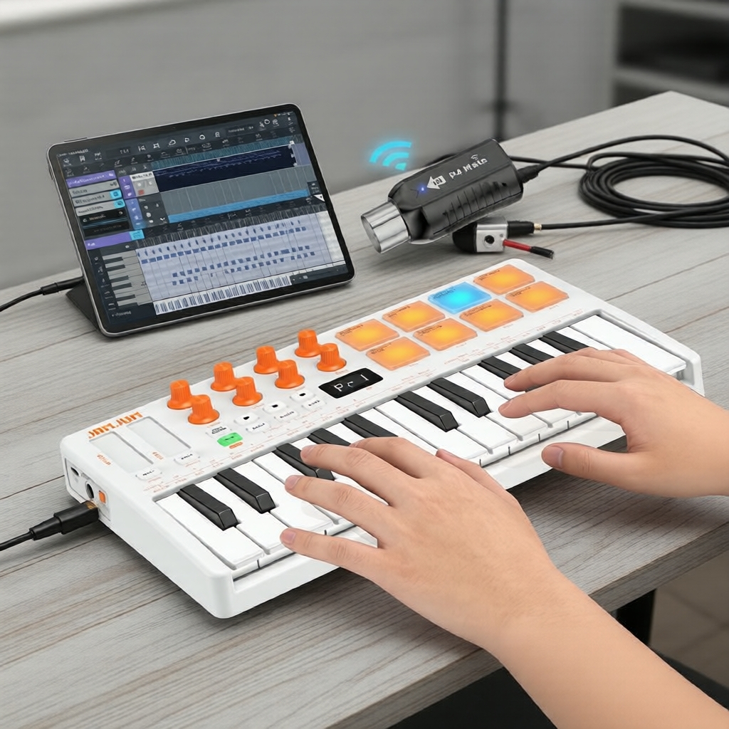 Controlador MIDI sem fio JAMJUM JK 25: 25 teclas e 8 pads RGB – Ideal para produção musical e sessões de estúdio