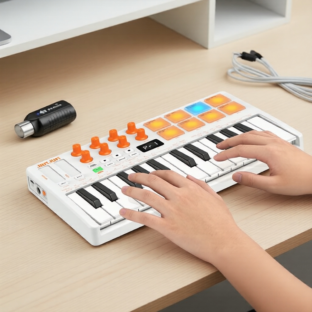 Controlador MIDI Sem Fio JAMJUM JK 25, Teclado 25 Teclas com 8 Pads de Bateria RGB, ideal para produção musical e