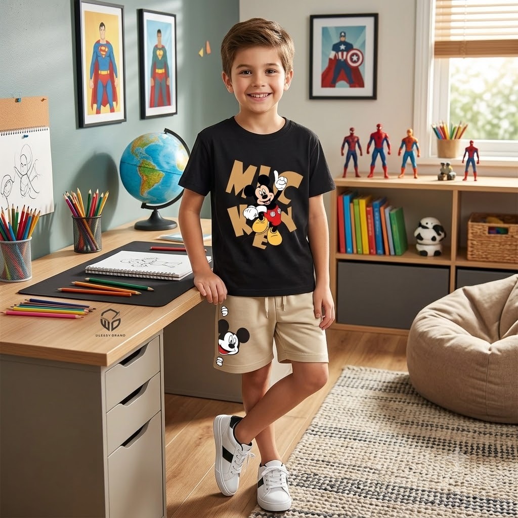 Conjunto infantil verão de menino camiseta manga curta e bermuda de moletom, Mickey mouse, básico casual