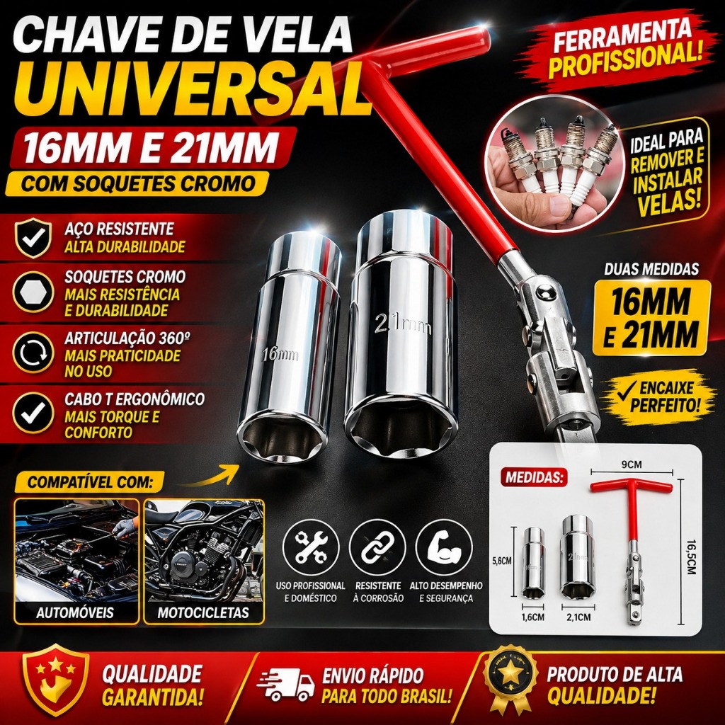 Chave De Vela Universal 16mm e 21mm Com Soquetes Cromo