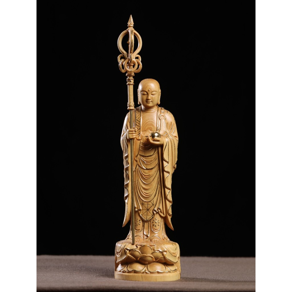 Autêntico pequeno folha buxo finamente esculpido versão ouro Ksitigarbha estátua adoração deus estátua ornamentos decora