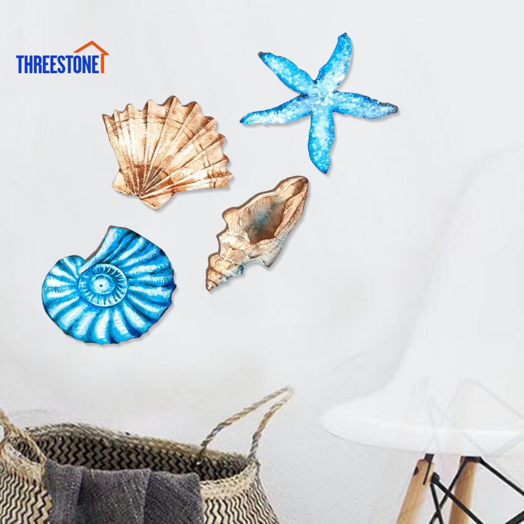 Mediterranean Style Home Decor 4pcs Coastal Wall Set – Wooden Starfish Seashell Conch Art for Beach House Bathroom Liv