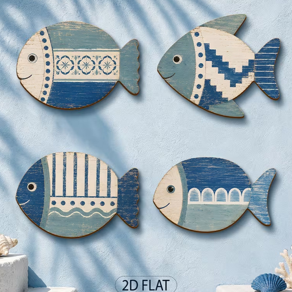 4pcs Rustic Wooden Fish Wall Decor Set Mediterranean Blue White Geometric Hanging Plaques Coastal Style Art for Bathroom