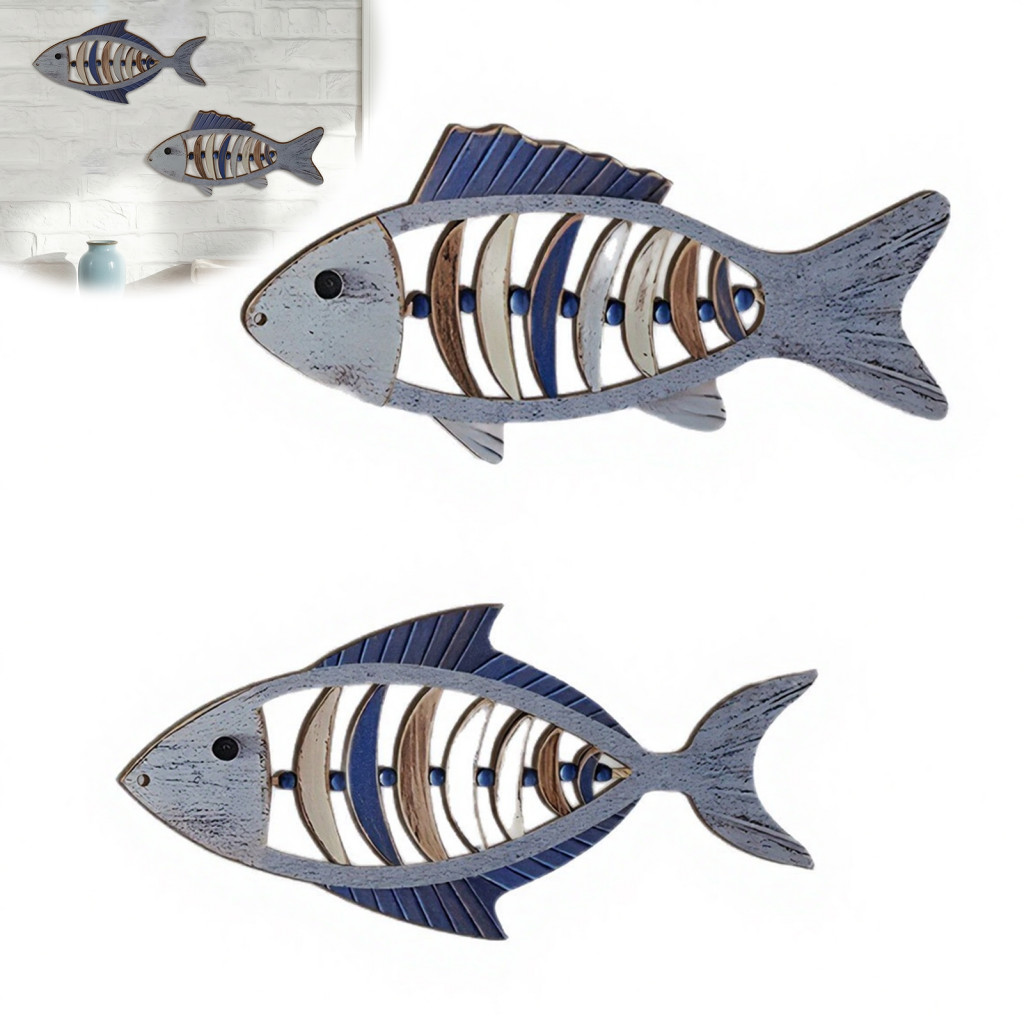 2pcs Mediterranean Style Wooden Fish Wall Decor Hollow Skeleton Vintage Nautical Ornament for Kitchen Room Beach House C