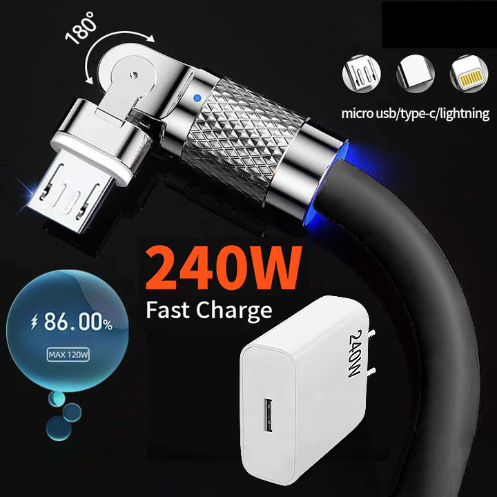 Cabo iOS Micro USB Tipo C De Carregamento Rápido De 1.2 M Suporta 180 ° Rotação Silicone LED Indicador 240W Carregador A