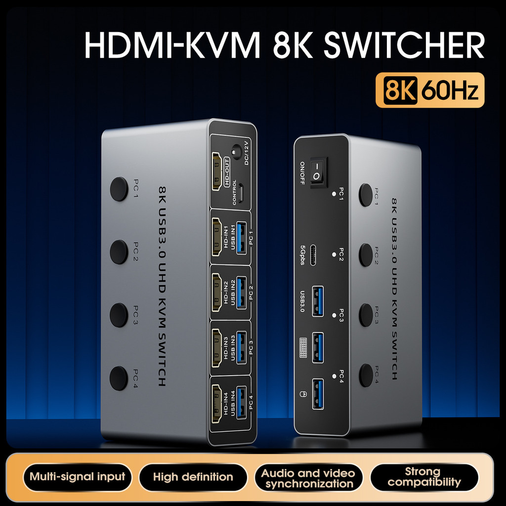 8K @ 60Hz Ultra HD HDMI Quatro em uma saída KVM Switcher HDMI2.1 USB3.0 4 Hosts 1 display compartilhando teclado de Mous