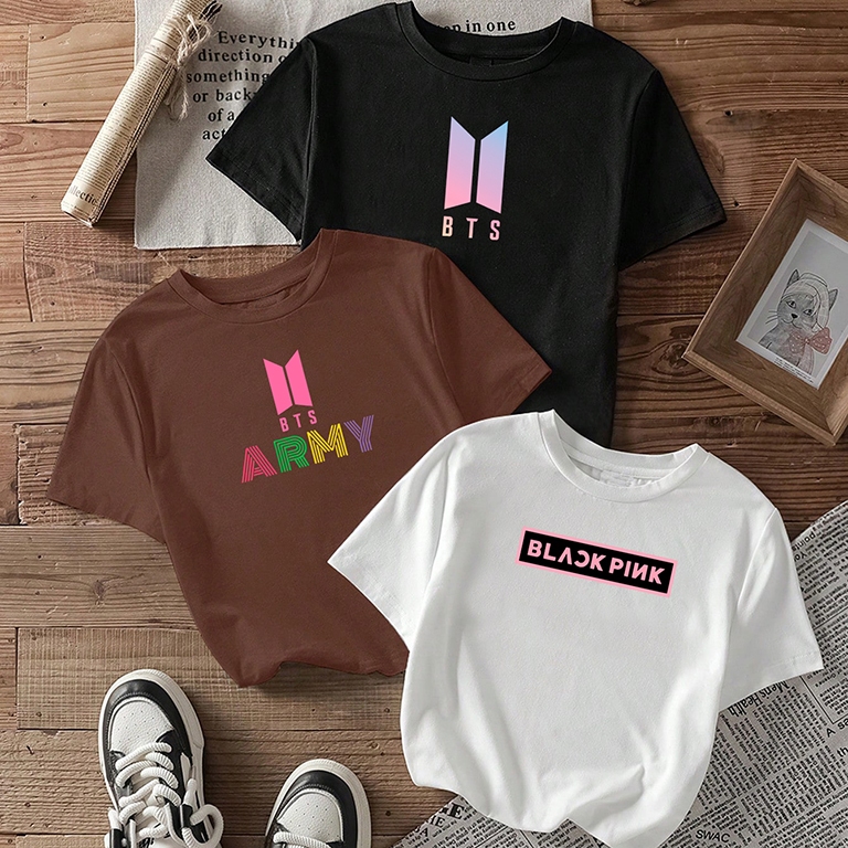 Camiseta feminina de algodão kit com 3 camisetas femininas estampadas BTS Army Black-Pink