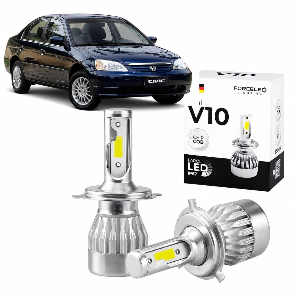 Led Kit Farol Alto ou Baixo (H4) + Farol de Milha (H3) Honda Civic 1992 a 2003 Full Mini V10 (4 Lamp.)