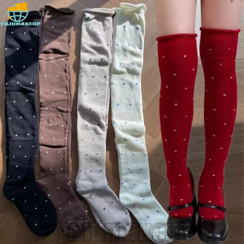 [Quick] 1/2 Pares De Meias Coreanas De Bolinhas – Para Mulheres E Meninas Moda Quente Meia De Inverno Longas Acima Do Jo