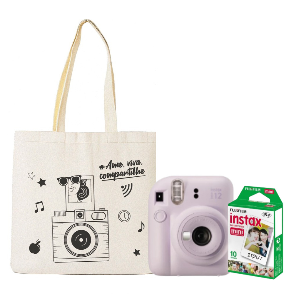 KIT Câmera Fujifilm Instax Mini 12 Lilás + 10 fotos+ Ecobag